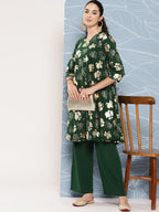 Janasya Women's Bottle Green Crepe Foil Printed A-line Festive Short Kurta Set | Grocsy