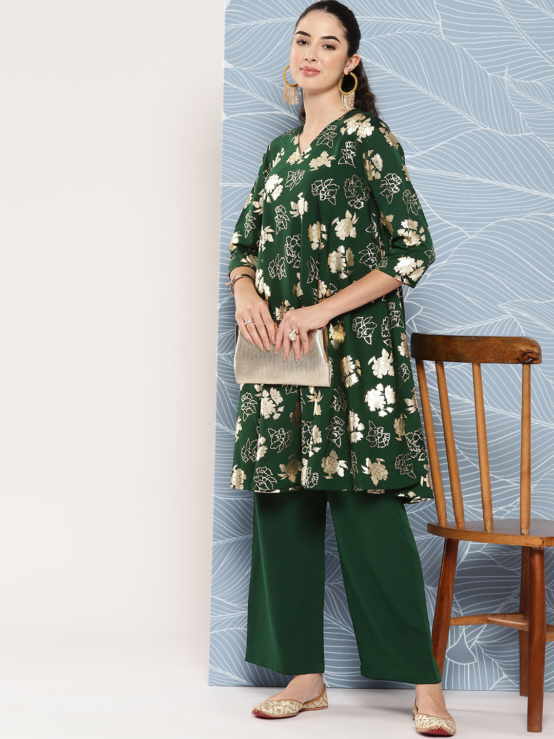 Janasya Women's Bottle Green Crepe Foil Printed A-line Festive Short Kurta Set | Grocsy