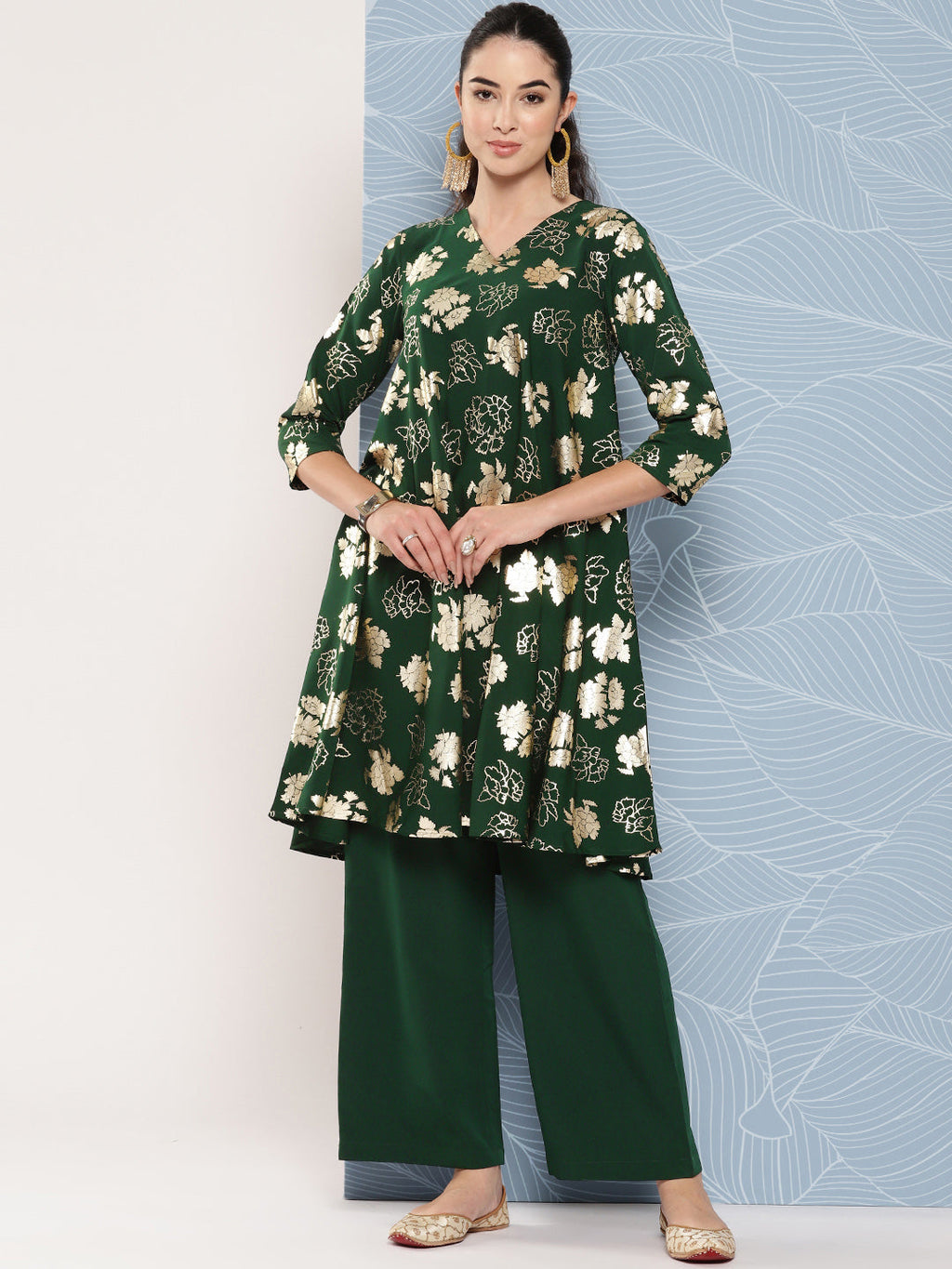 Janasya Women's Bottle Green Crepe Foil Printed A-line Festive Short Kurta Set | Grocsy