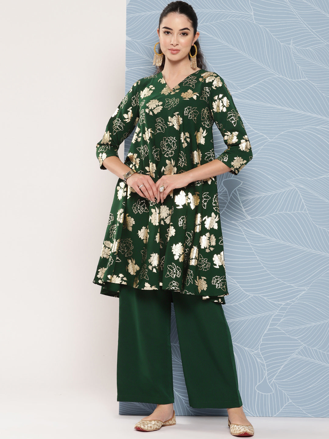 Janasya Women's Bottle Green Crepe Foil Printed A-line Festive Short Kurta Set | Grocsy