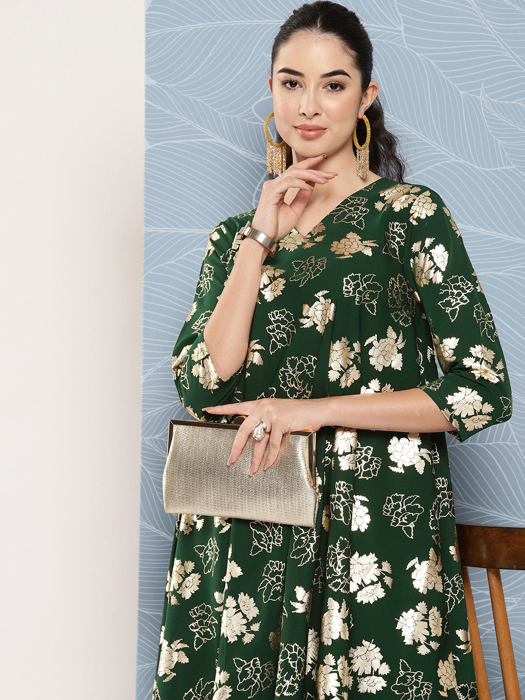 Janasya Women's Bottle Green Crepe Foil Printed A-line Festive Short Kurta Set | Grocsy