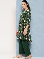 Janasya Women's Bottle Green Crepe Foil Printed A-line Festive Short Kurta Set | Grocsy