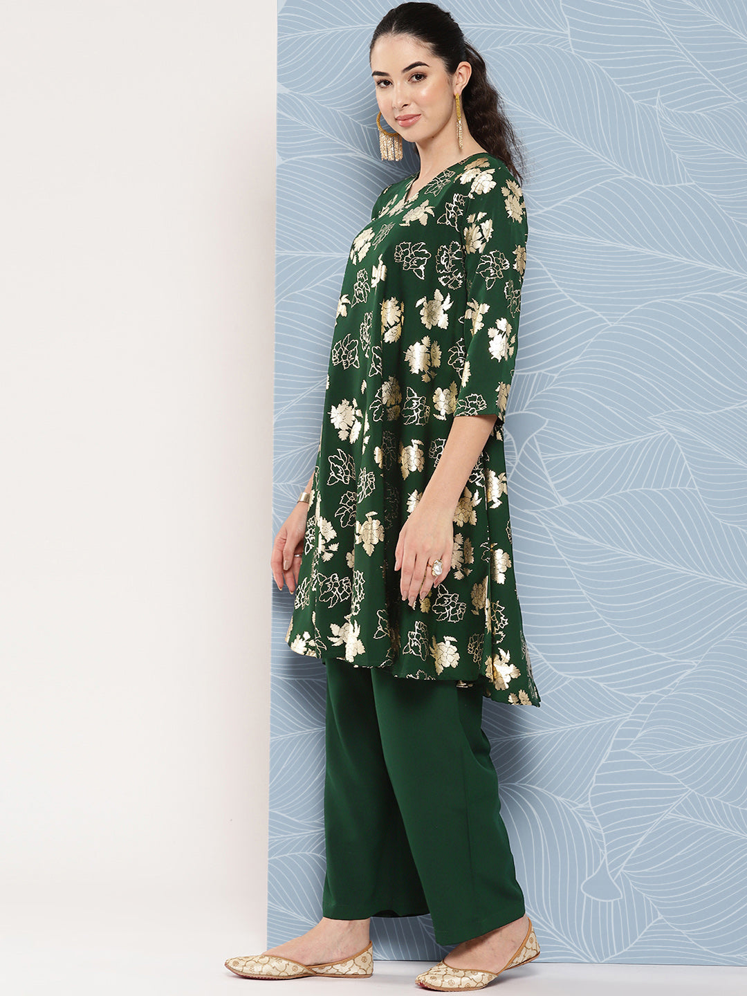 Janasya Women's Bottle Green Crepe Foil Printed A-line Festive Short Kurta Set | Grocsy
