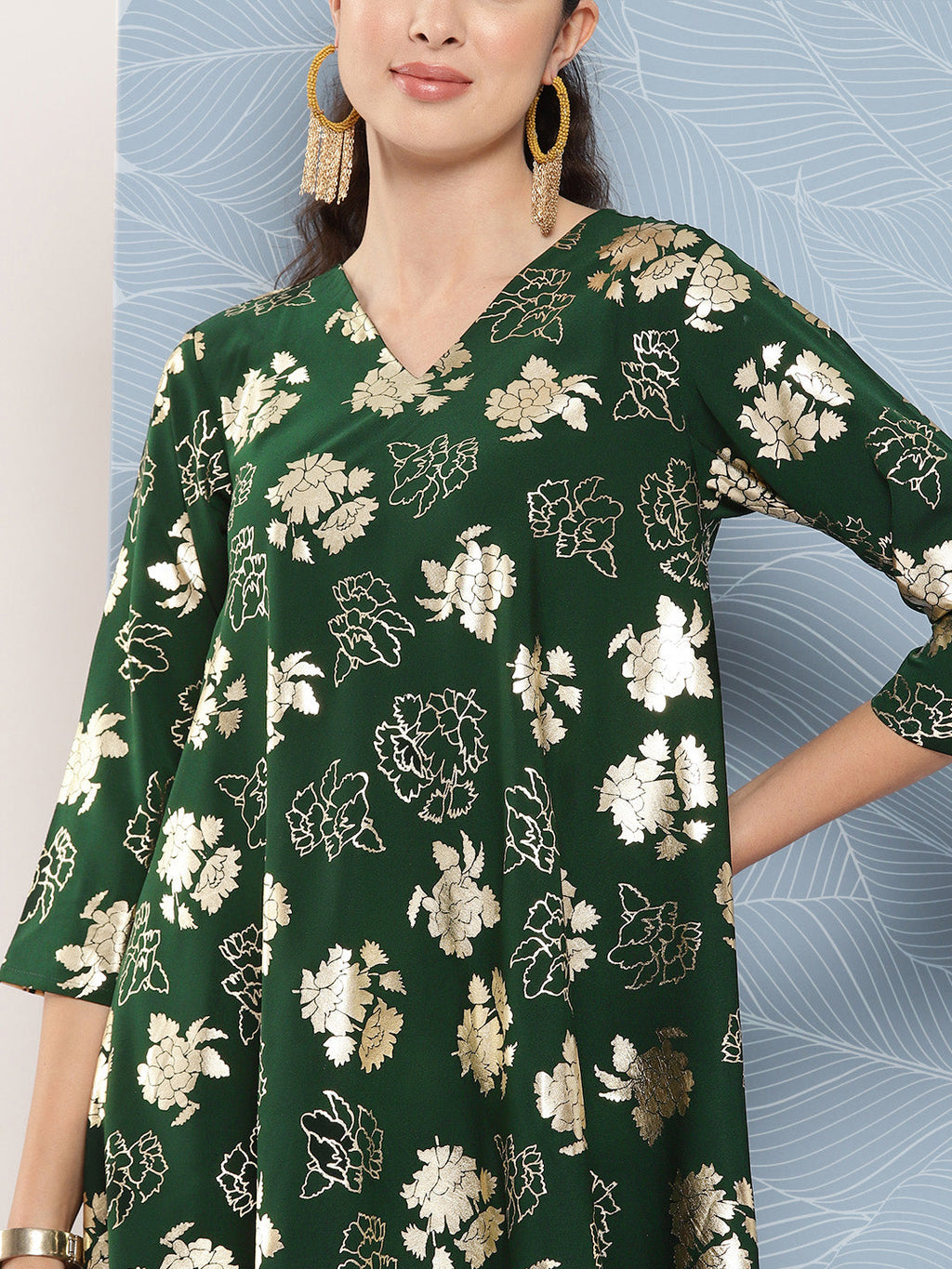 Janasya Women's Bottle Green Crepe Foil Printed A-line Festive Short Kurta Set | Grocsy