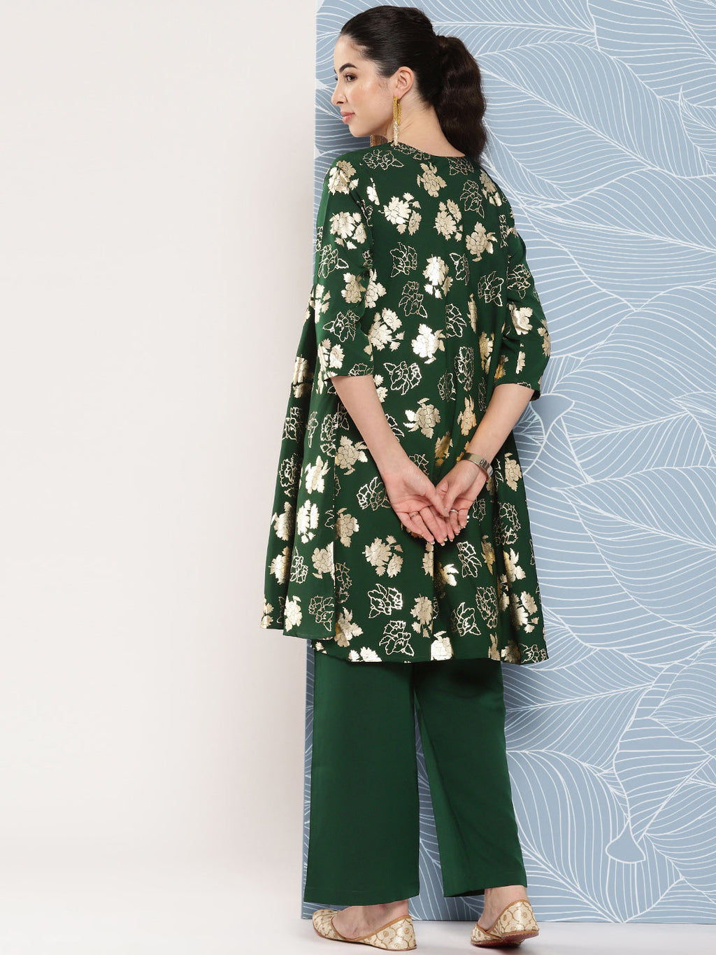 Janasya Women's Bottle Green Crepe Foil Printed A-line Festive Short Kurta Set | Grocsy