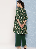 Janasya Women's Bottle Green Crepe Foil Printed A-line Festive Short Kurta Set | Grocsy