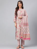 Janasya Women's Mauve Cotton Floral Printed Straight Festive Kurta Set | Grocsy