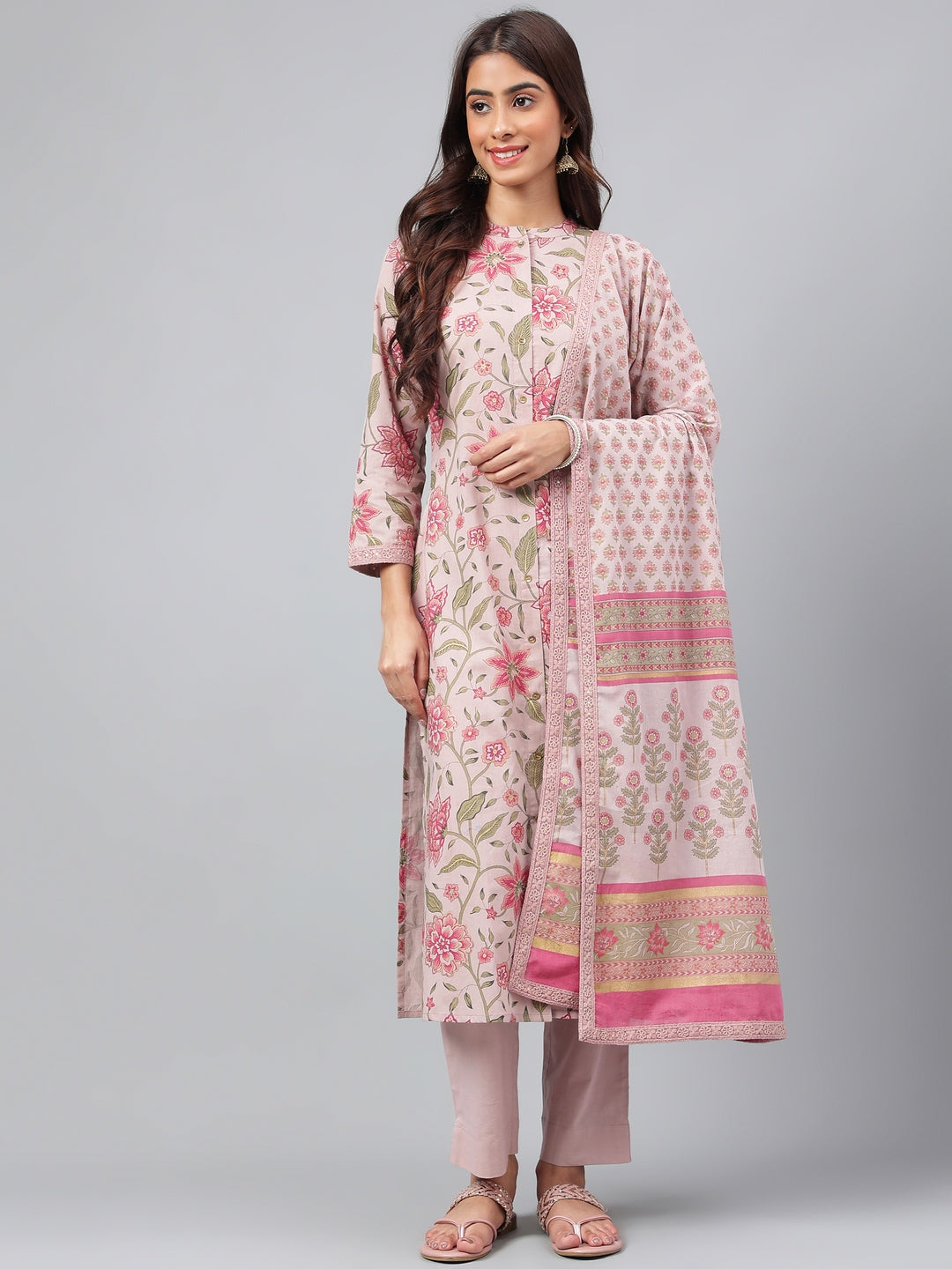 Janasya Women's Mauve Cotton Floral Printed Straight Festive Kurta Set | Grocsy
