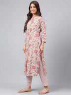 Janasya Women's Mauve Cotton Floral Printed Straight Festive Kurta Set | Grocsy