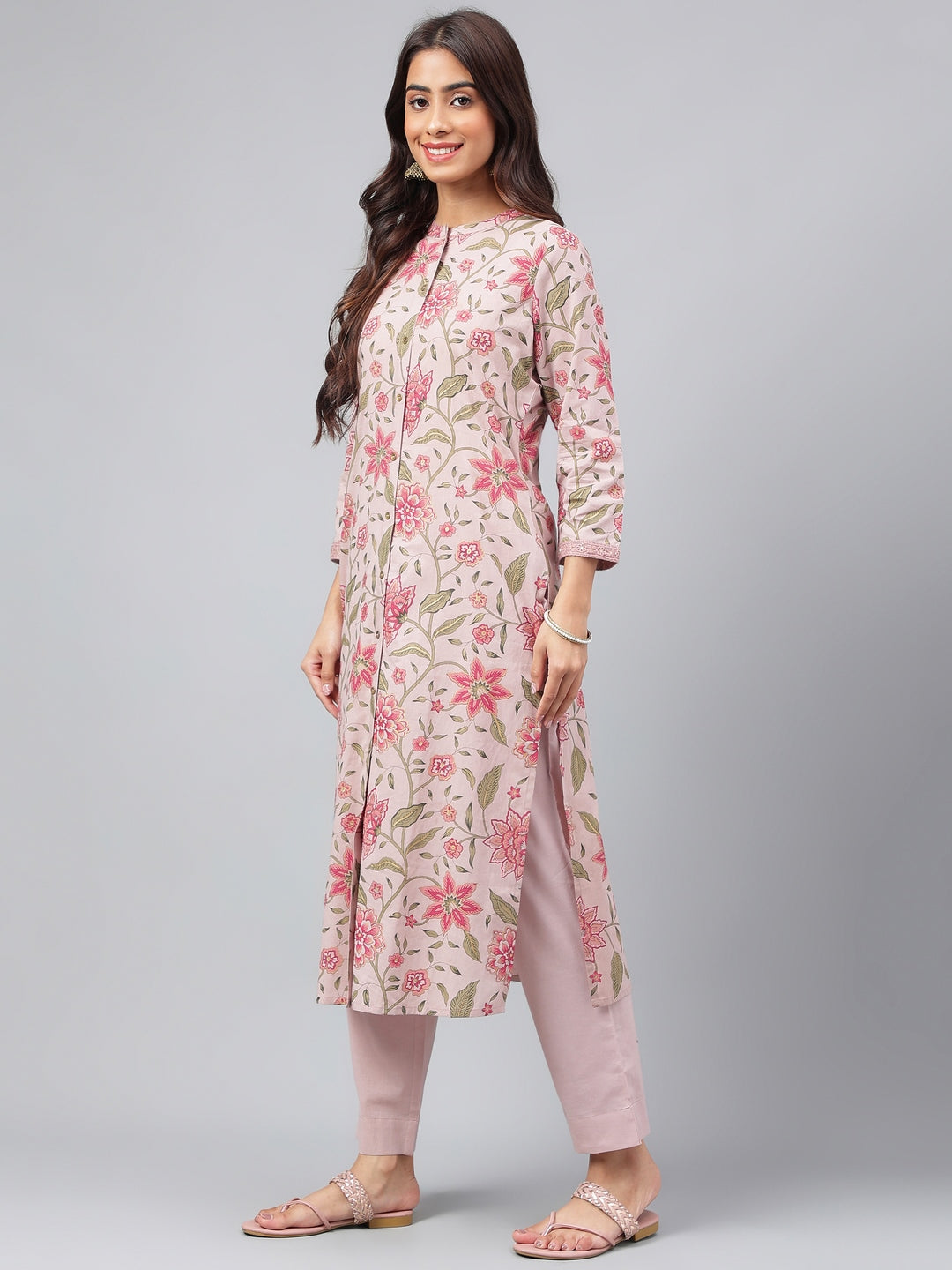 Janasya Women's Mauve Cotton Floral Printed Straight Festive Kurta Set | Grocsy