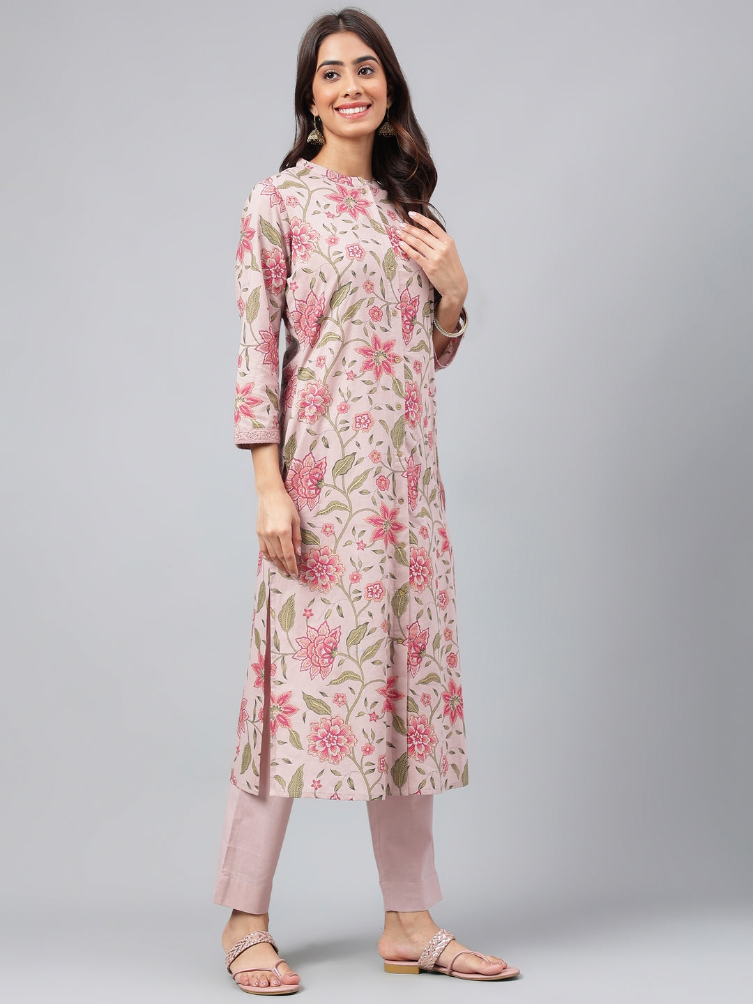 Janasya Women's Mauve Cotton Floral Printed Straight Festive Kurta Set | Grocsy