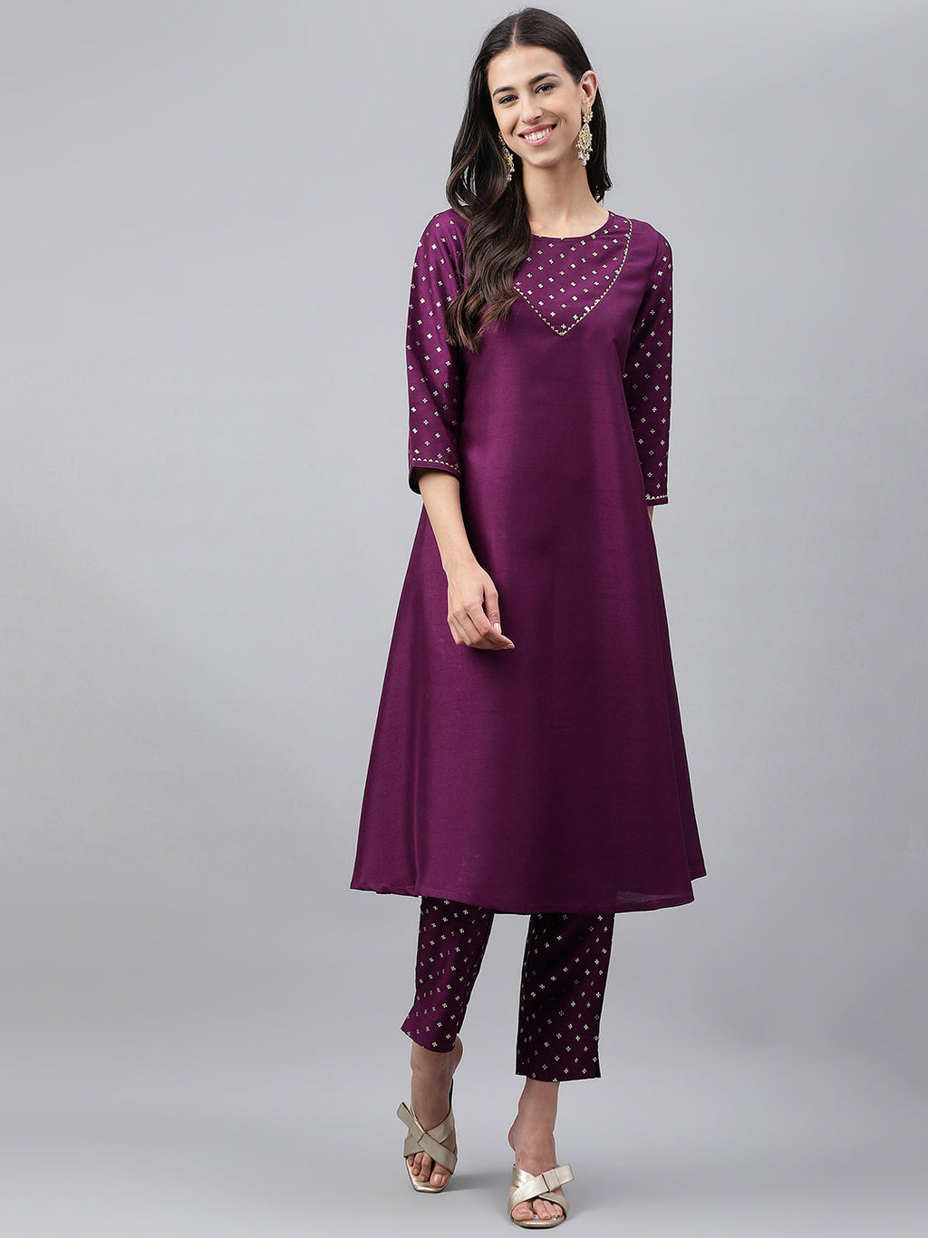 Janasya Women's Purple Crepe Silk Solid A-line Festive Kurta Set | Grocsy