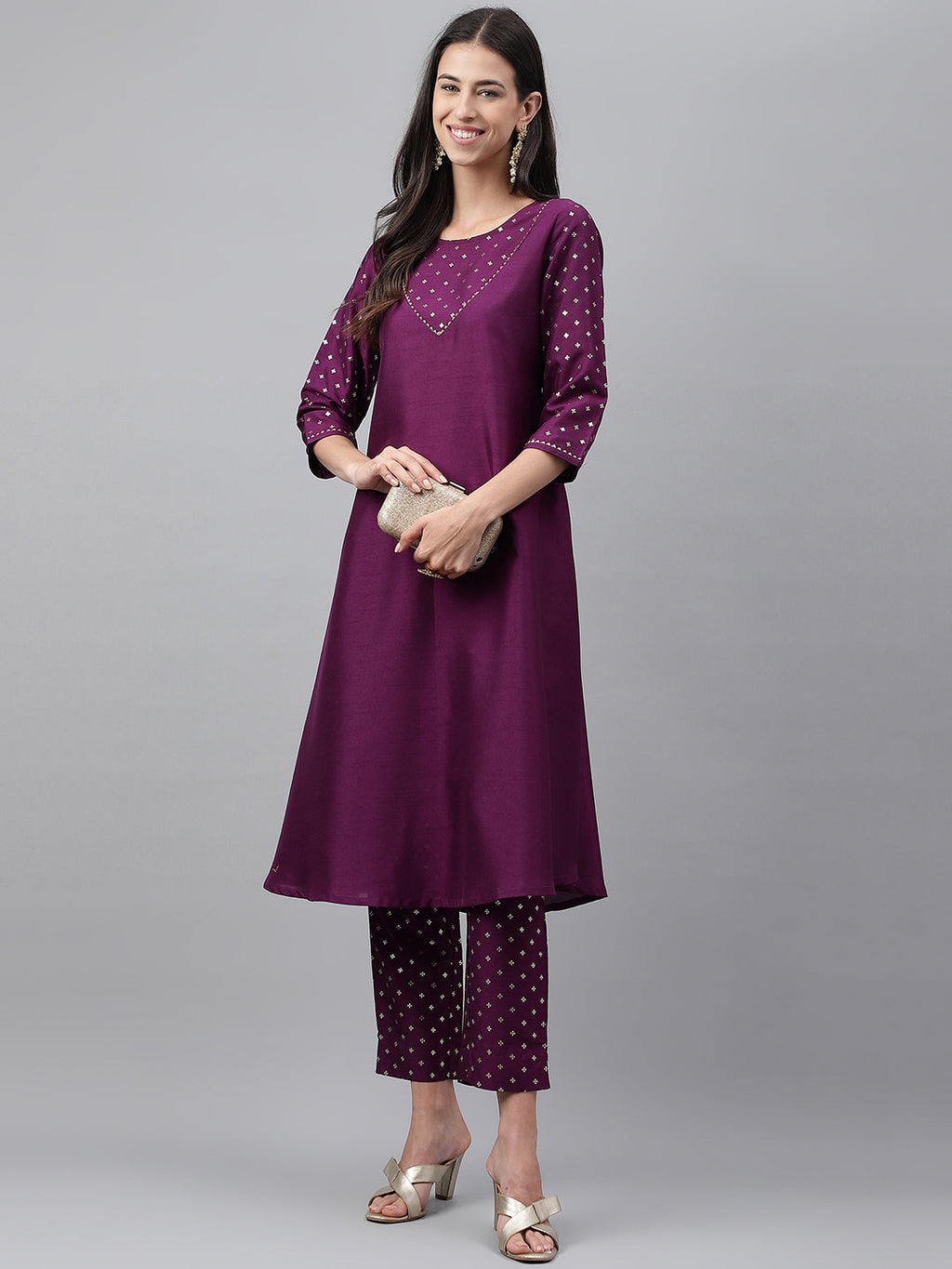 Janasya Women's Purple Crepe Silk Solid A-line Festive Kurta Set | Grocsy