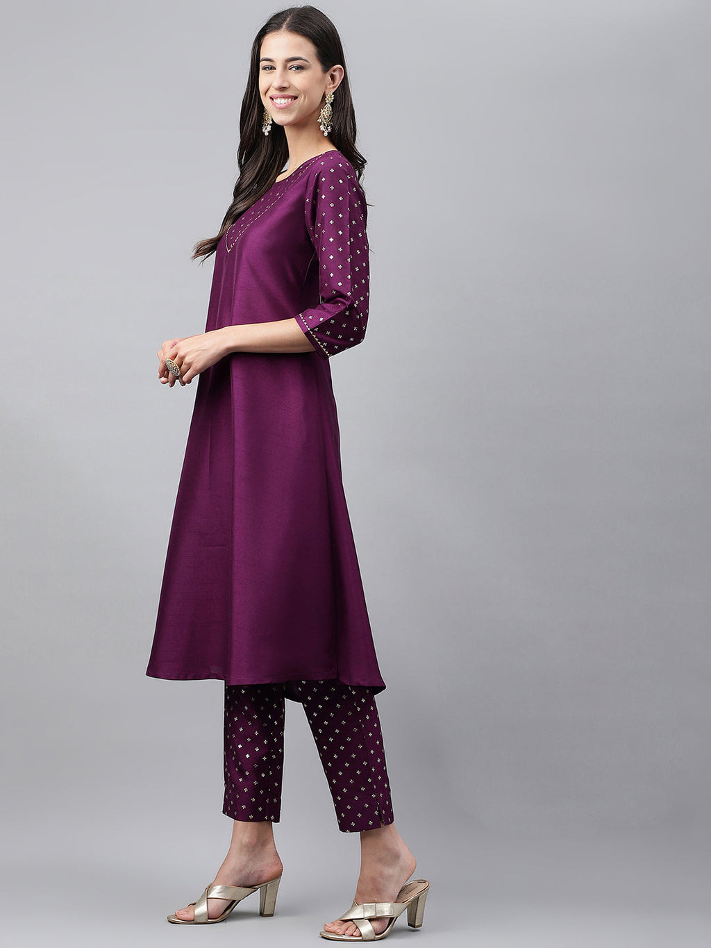 Janasya Women's Purple Crepe Silk Solid A-line Festive Kurta Set | Grocsy