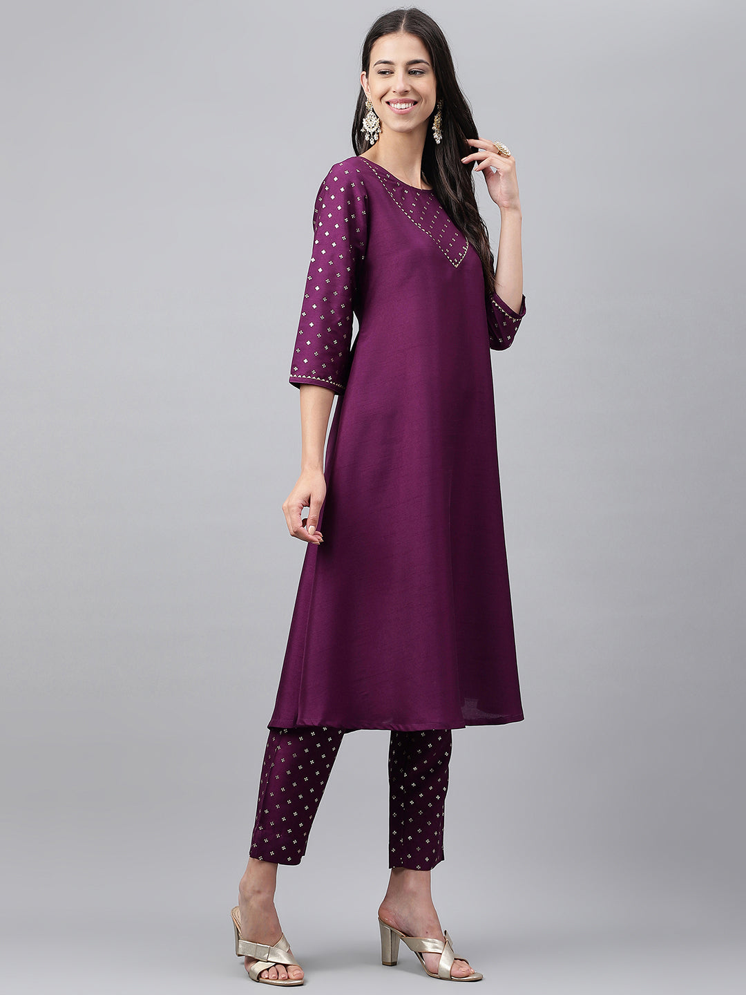Janasya Women's Purple Crepe Silk Solid A-line Festive Kurta Set | Grocsy