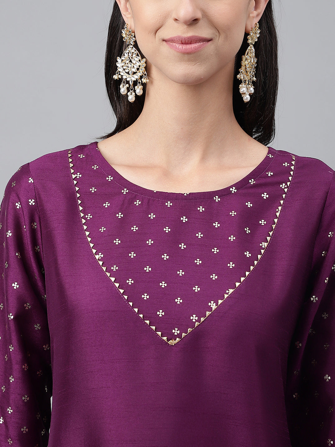Janasya Women's Purple Crepe Silk Solid A-line Festive Kurta Set | Grocsy