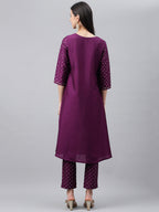 Janasya Women's Purple Crepe Silk Solid A-line Festive Kurta Set | Grocsy