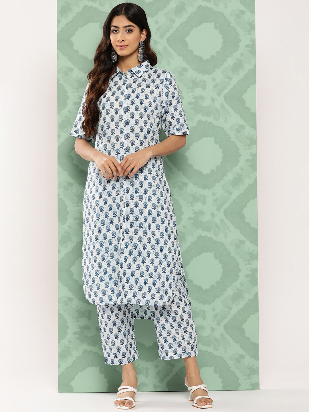 Janasya Women's White Cotton Floral Printed High Low Casual Kurta Set | Grocsy