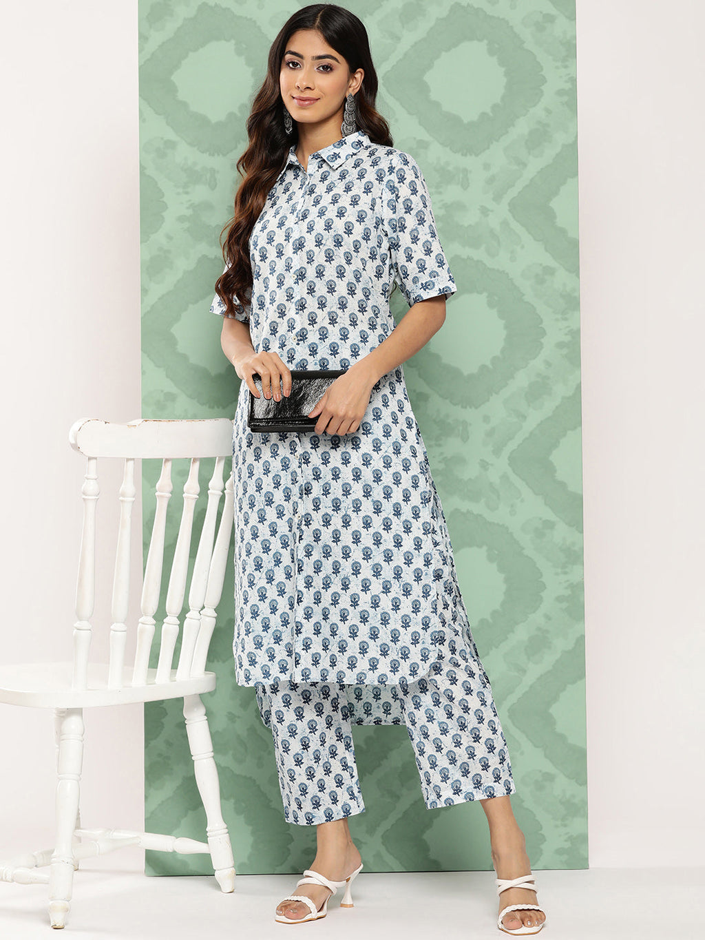 Janasya Women's White Cotton Floral Printed High Low Casual Kurta Set | Grocsy