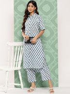 Janasya Women's White Cotton Floral Printed High Low Casual Kurta Set | Grocsy