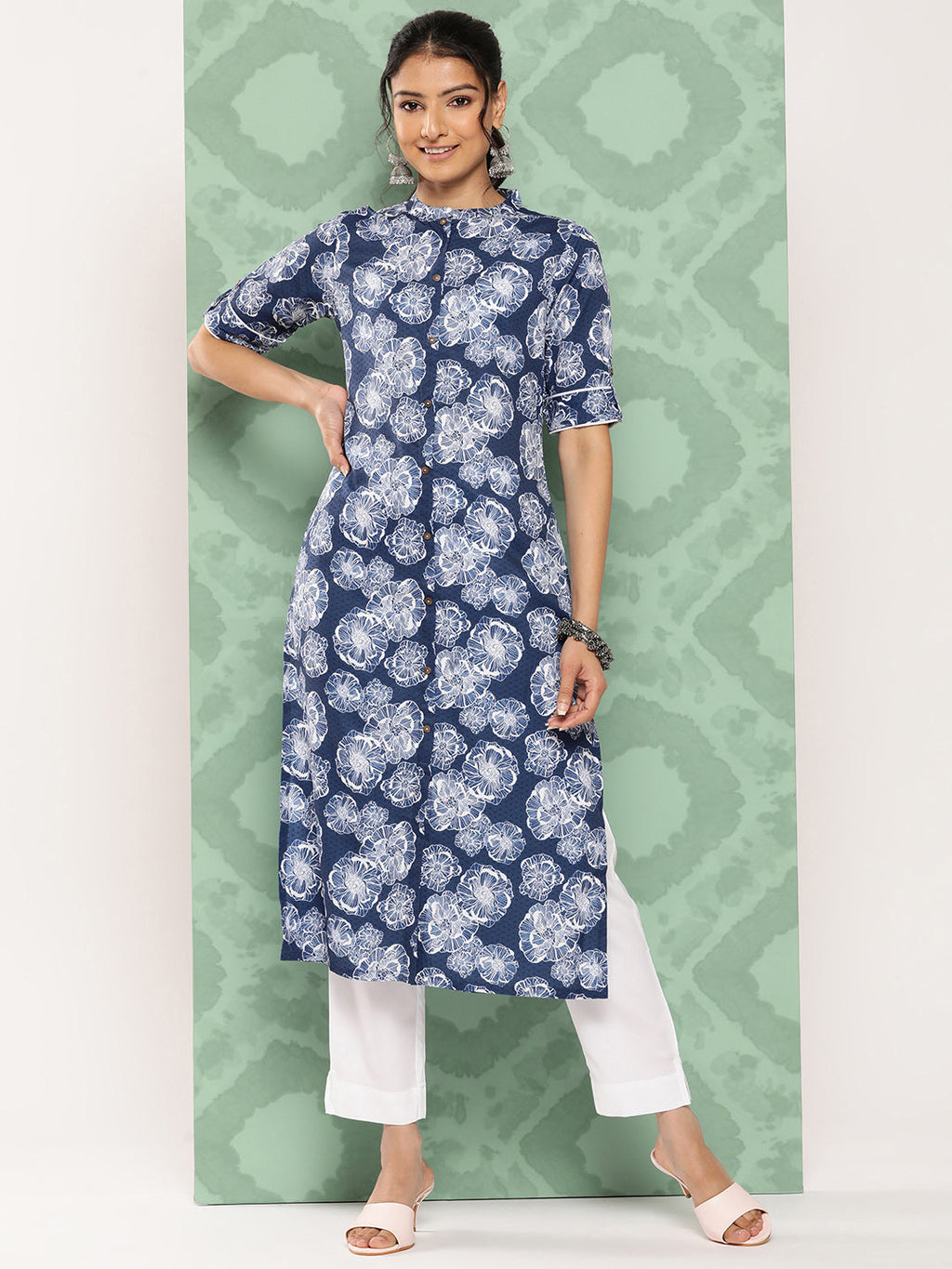 Janasya Women's Blue Crepe Digital Printed Straight Festive Kurta Set | Grocsy