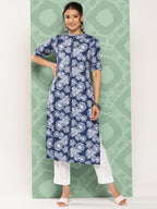 Janasya Women's Blue Crepe Digital Printed Straight Festive Kurta Set | Grocsy