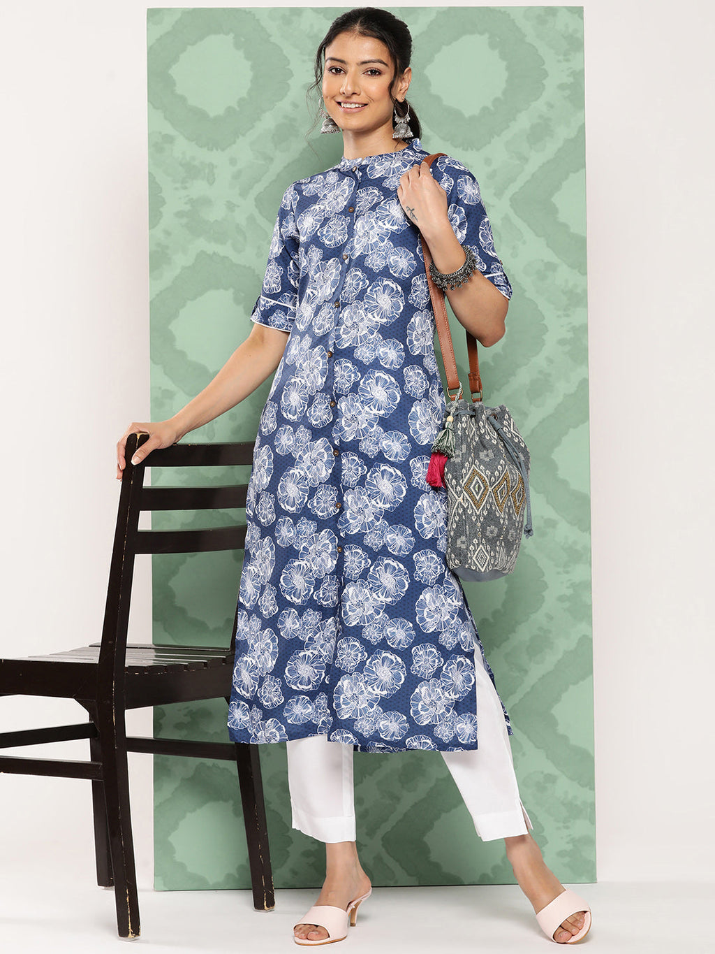 Janasya Women's Blue Crepe Digital Printed Straight Festive Kurta Set | Grocsy