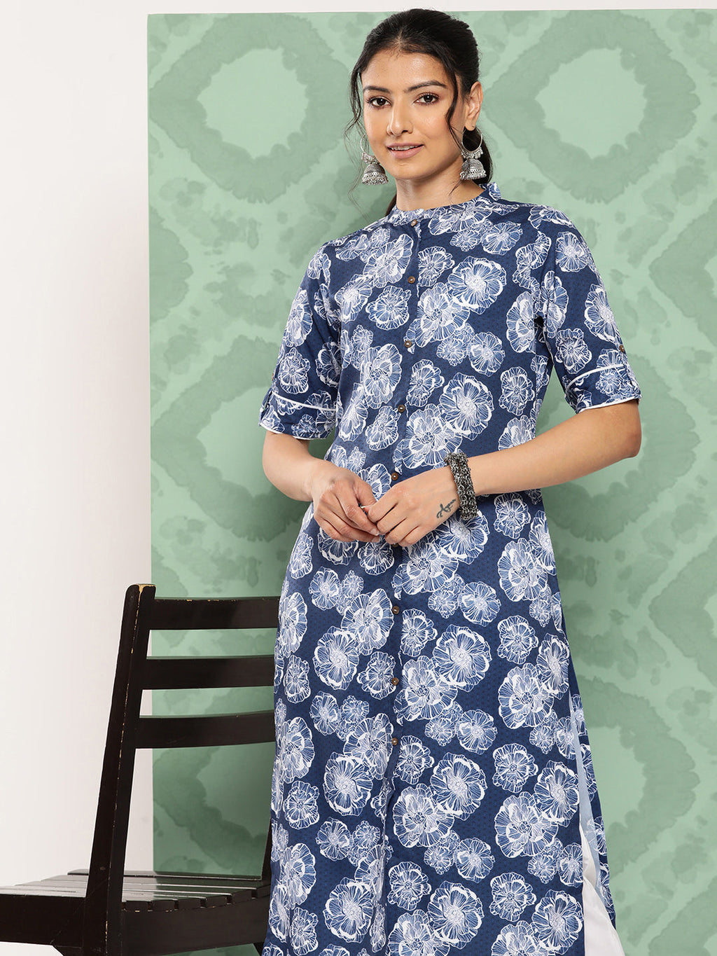 Janasya Women's Blue Crepe Digital Printed Straight Festive Kurta Set | Grocsy