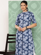 Janasya Women's Blue Crepe Digital Printed Straight Festive Kurta Set | Grocsy