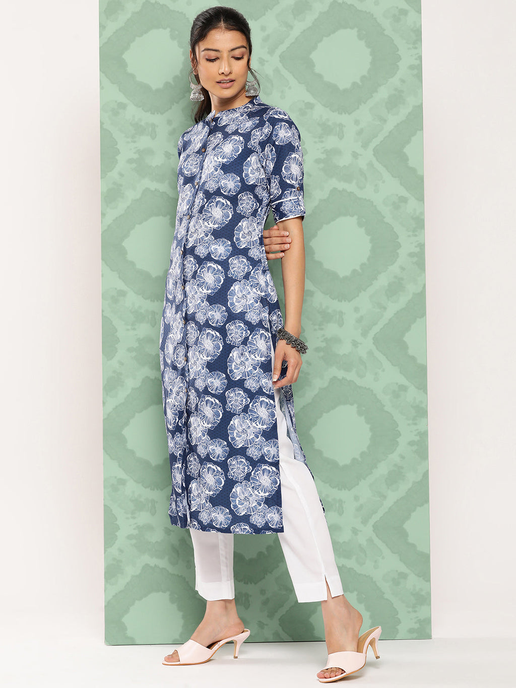 Janasya Women's Blue Crepe Digital Printed Straight Festive Kurta Set | Grocsy