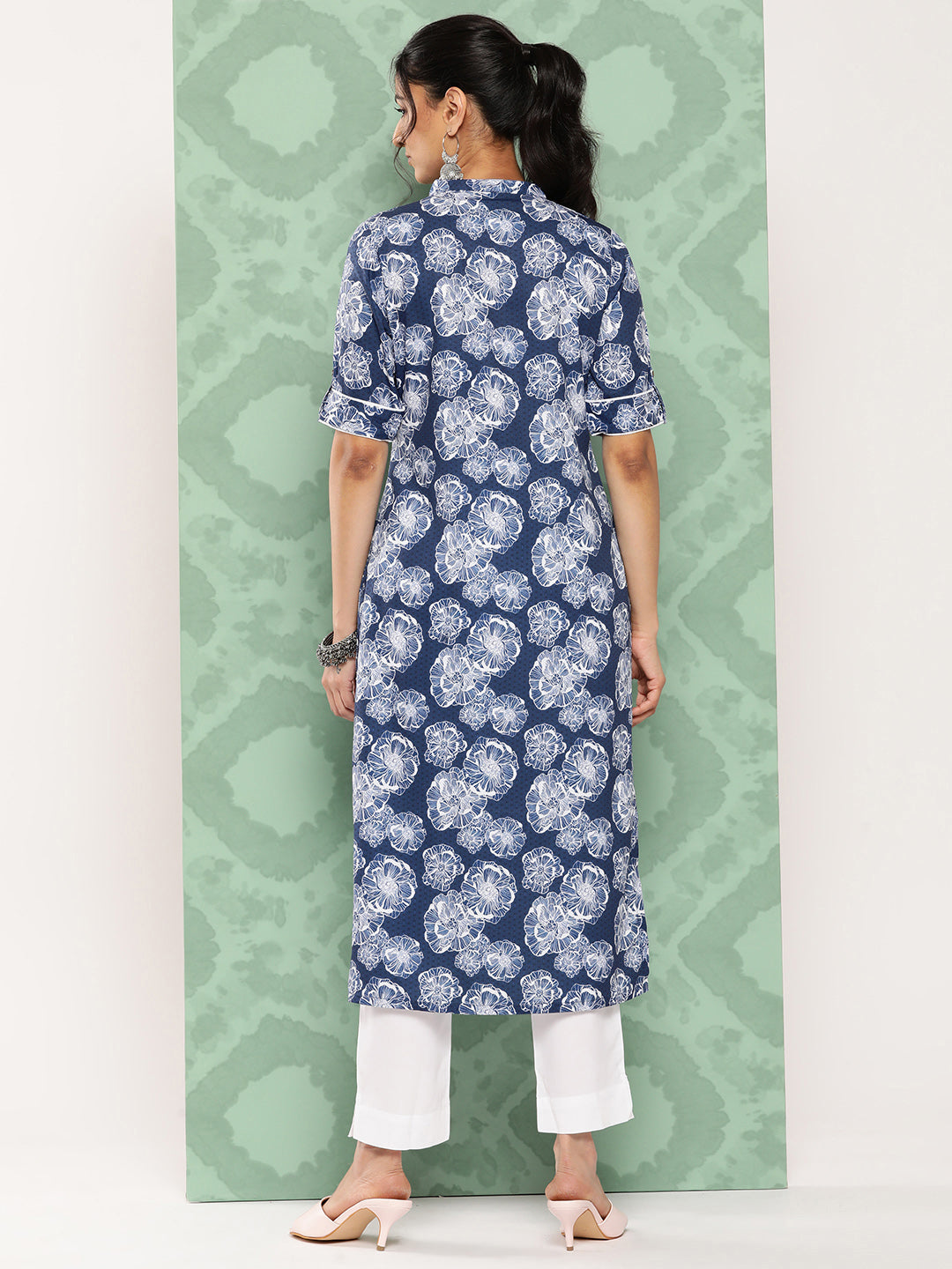 Janasya Women's Blue Crepe Digital Printed Straight Festive Kurta Set | Grocsy