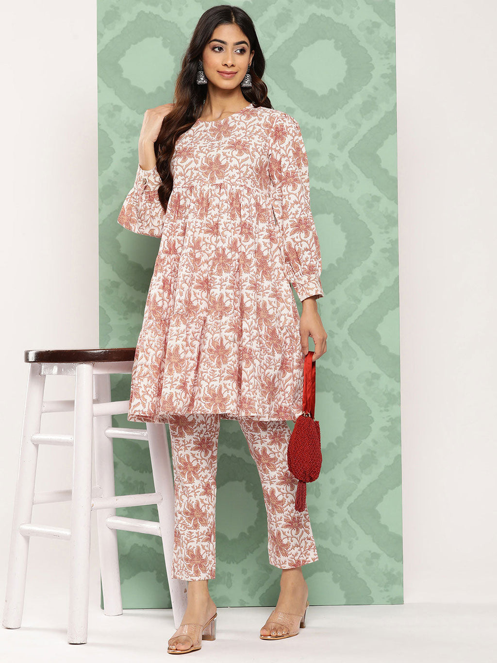 Janasya Women's White Cotton Botanical Printed Tiered Casual Kurta Set | Grocsy