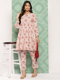 Janasya Women's White Cotton Botanical Printed Tiered Casual Kurta Set | Grocsy