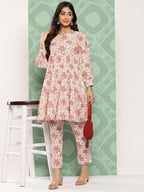 Janasya Women's White Cotton Botanical Printed Tiered Casual Kurta Set | Grocsy