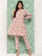 Janasya Women's White Cotton Botanical Printed Tiered Casual Kurta Set | Grocsy