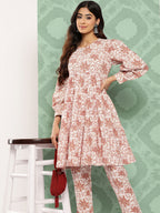 Janasya Women's White Cotton Botanical Printed Tiered Casual Kurta Set | Grocsy