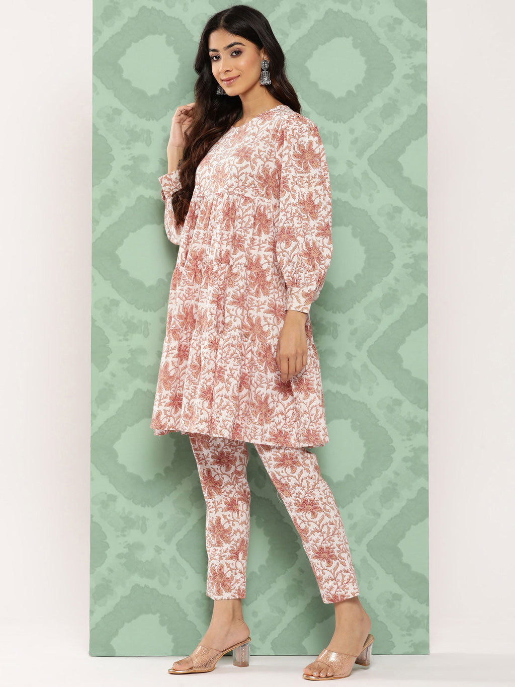 Janasya Women's White Cotton Botanical Printed Tiered Casual Kurta Set | Grocsy