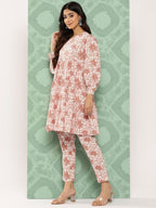 Janasya Women's White Cotton Botanical Printed Tiered Casual Kurta Set | Grocsy