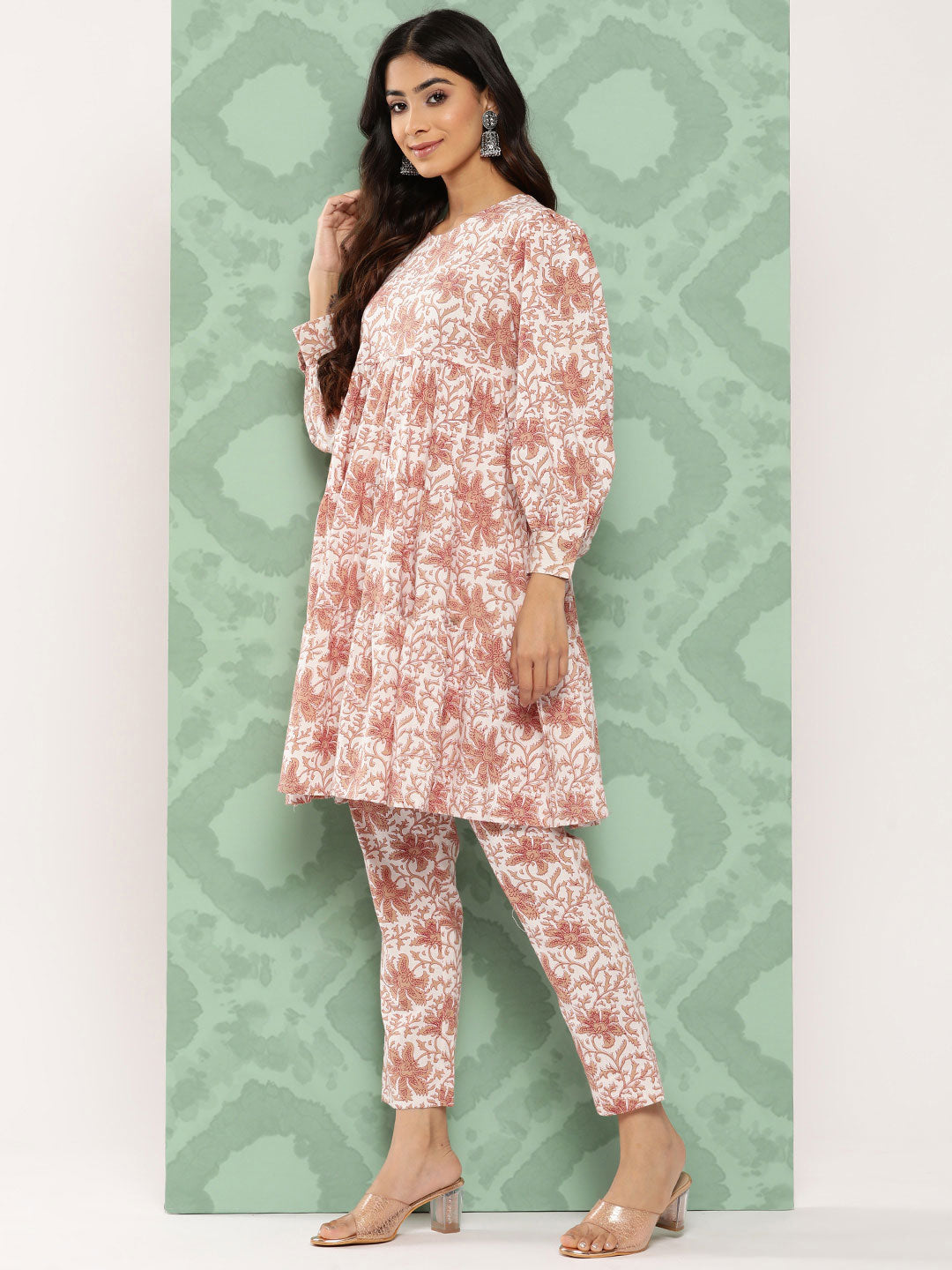 Janasya Women's White Cotton Botanical Printed Tiered Casual Kurta Set | Grocsy