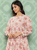 Janasya Women's White Cotton Botanical Printed Tiered Casual Kurta Set | Grocsy