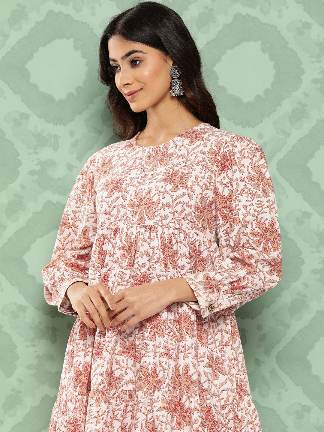 Janasya Women's White Cotton Botanical Printed Tiered Casual Kurta Set | Grocsy