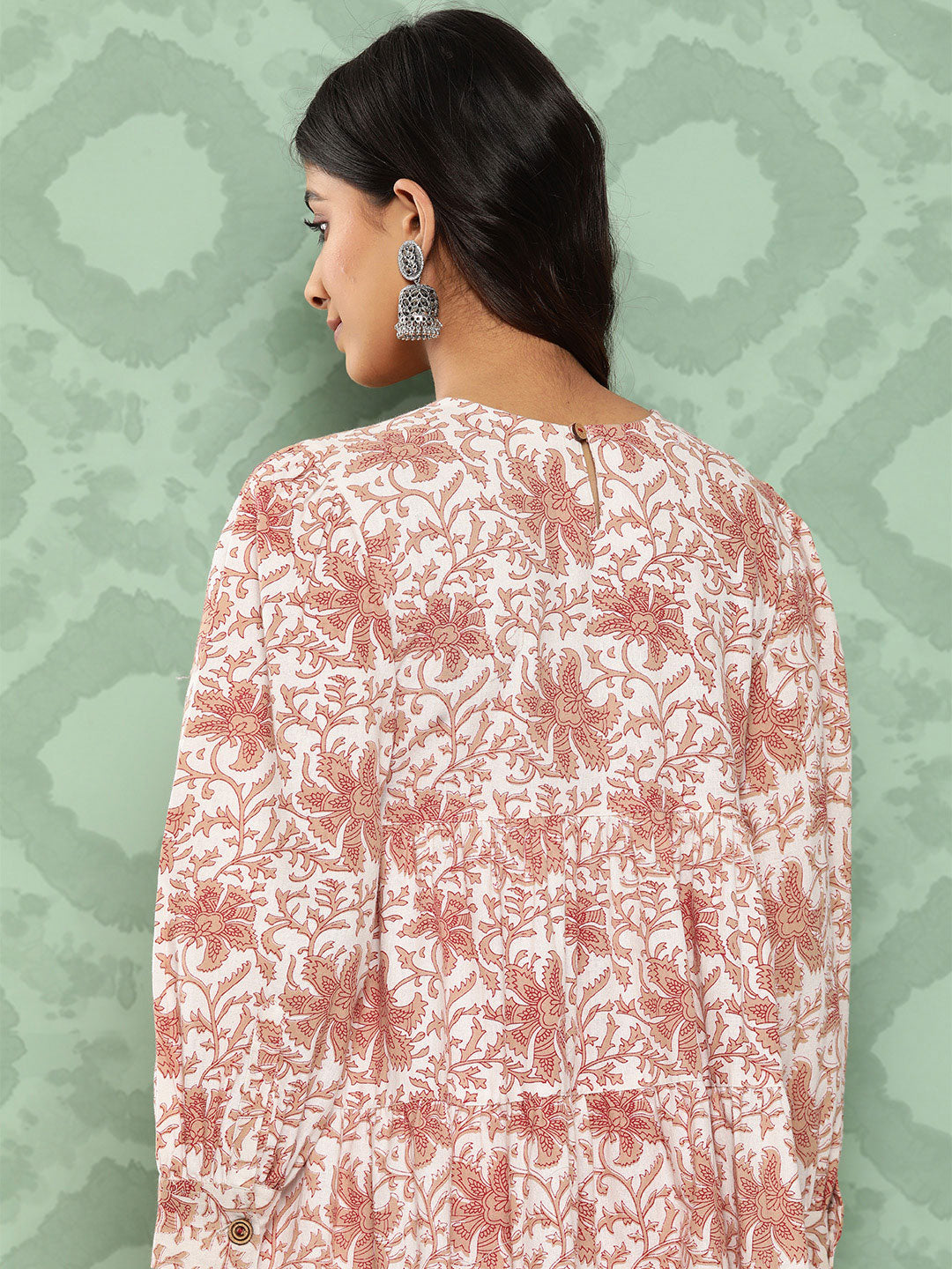 Janasya Women's White Cotton Botanical Printed Tiered Casual Kurta Set | Grocsy