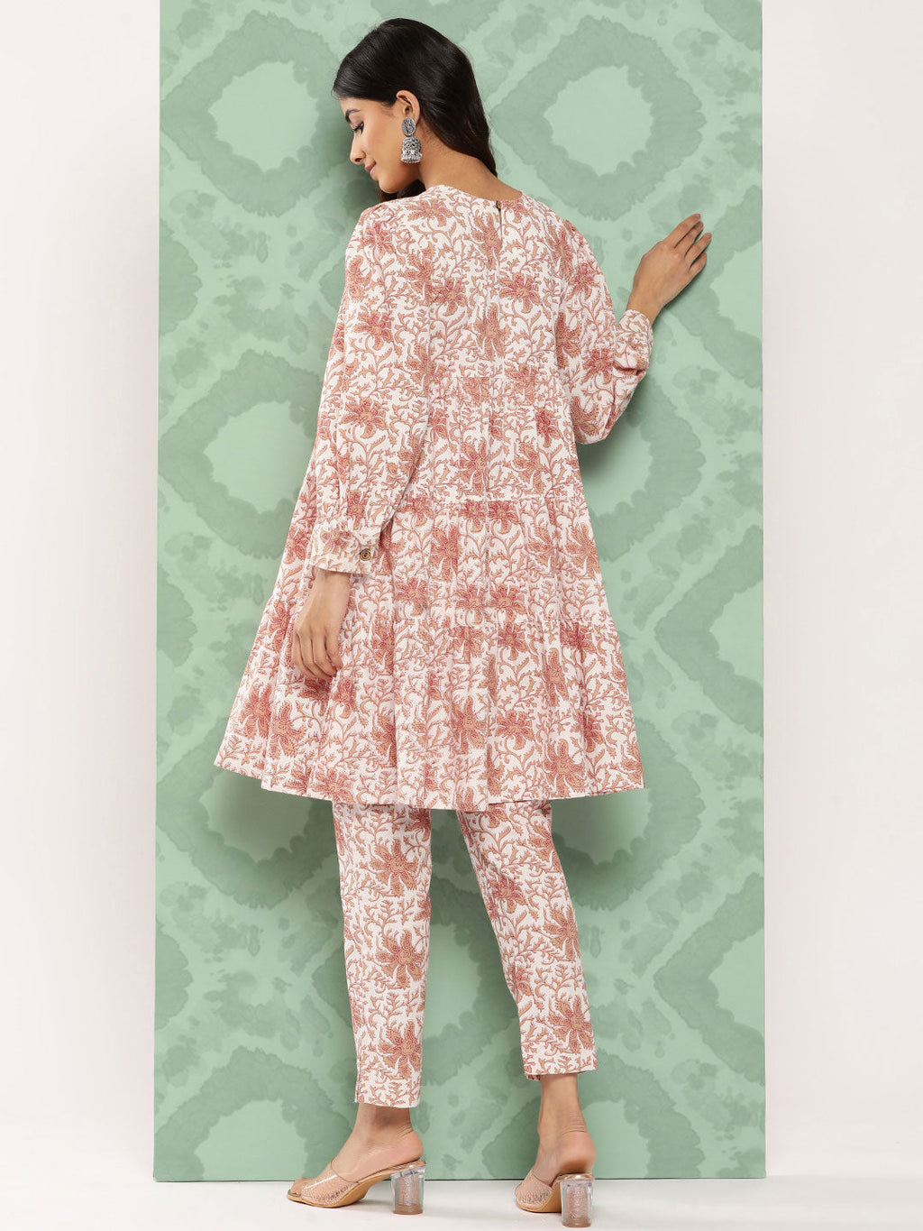 Janasya Women's White Cotton Botanical Printed Tiered Casual Kurta Set | Grocsy