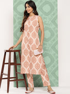 Janasya Women's Light Peach Crepe Digital Printed Straight Casual Kurta Set | Grocsy