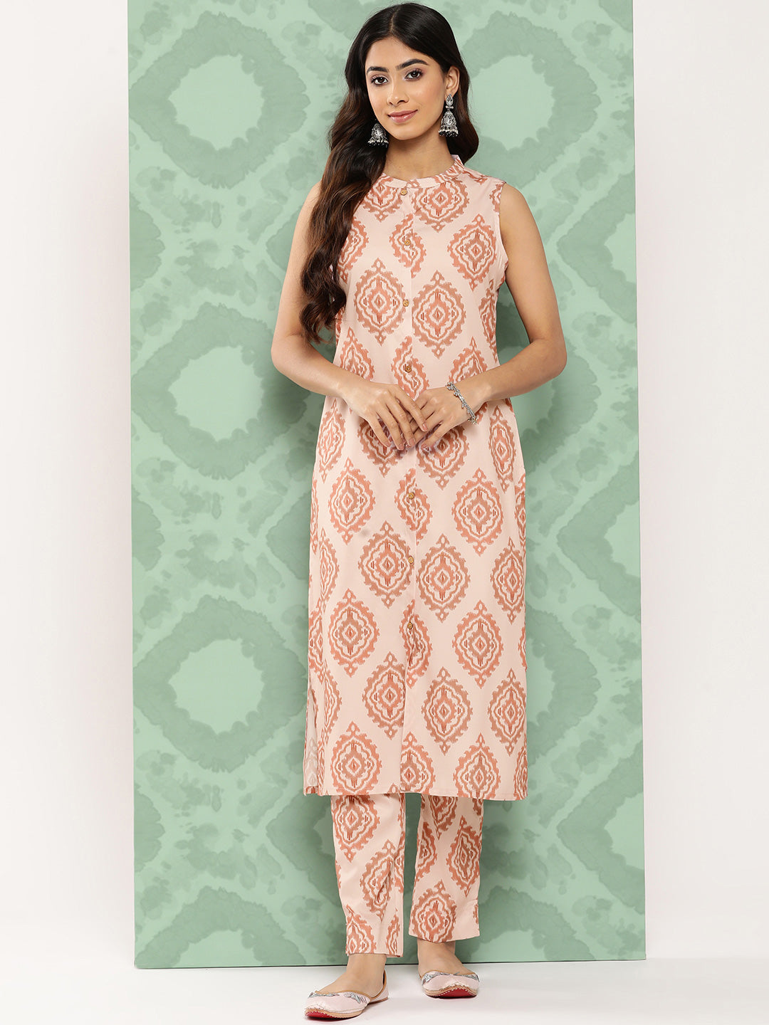 Janasya Women's Light Peach Crepe Digital Printed Straight Casual Kurta Set | Grocsy