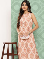 Janasya Women's Light Peach Crepe Digital Printed Straight Casual Kurta Set | Grocsy