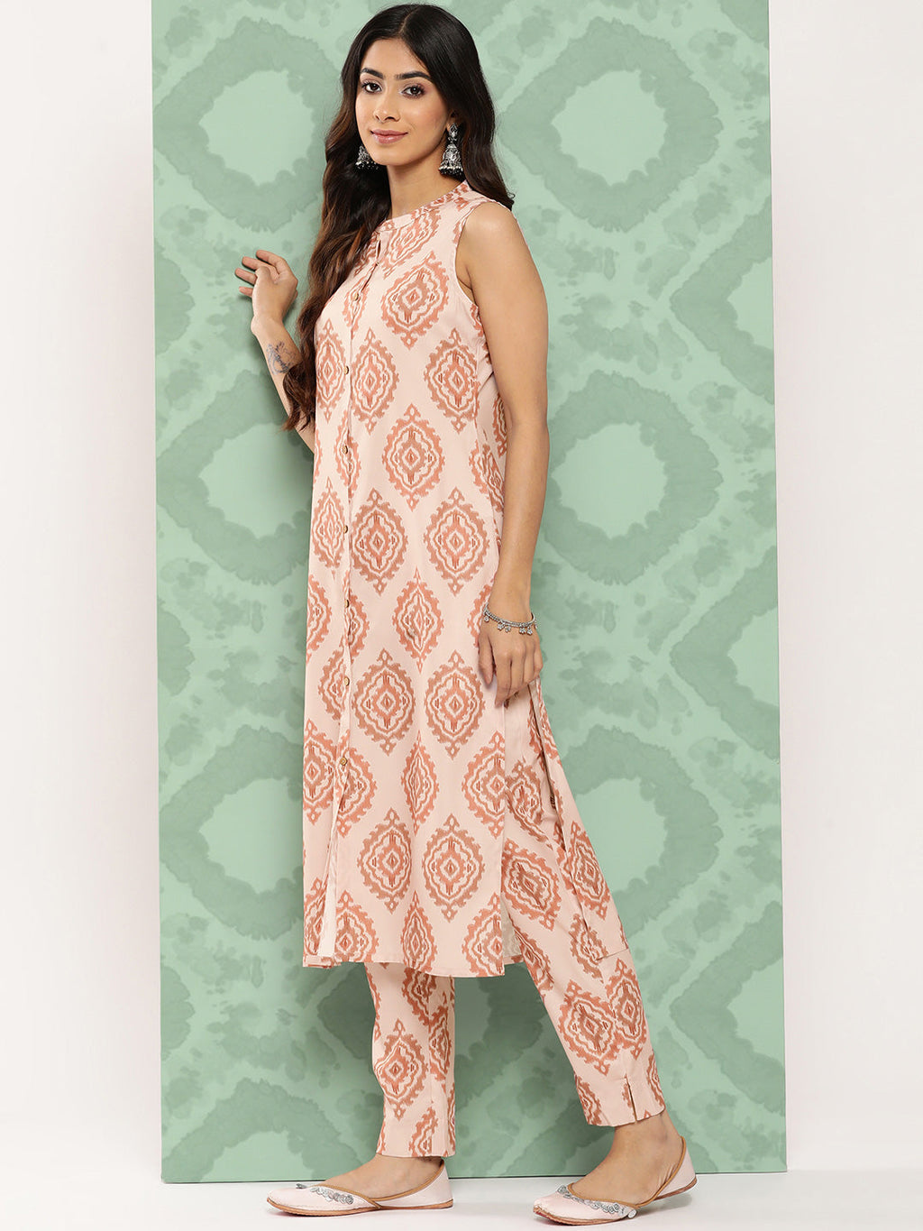 Janasya Women's Light Peach Crepe Digital Printed Straight Casual Kurta Set | Grocsy