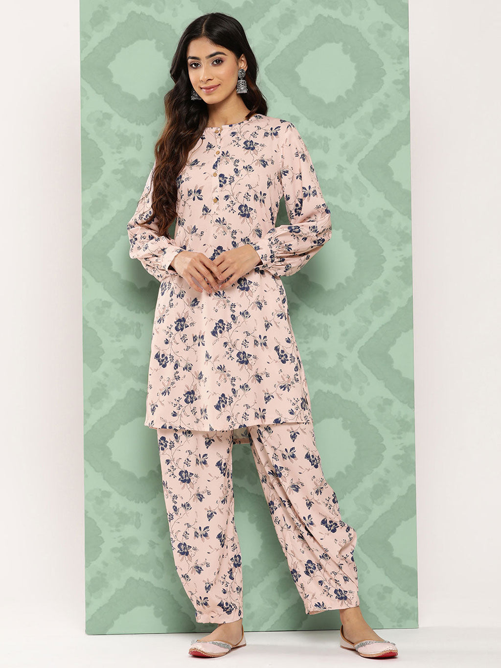 Janasya Women's Light Peach Crepe Digital Printed Straight Casual Kurta Set | Grocsy