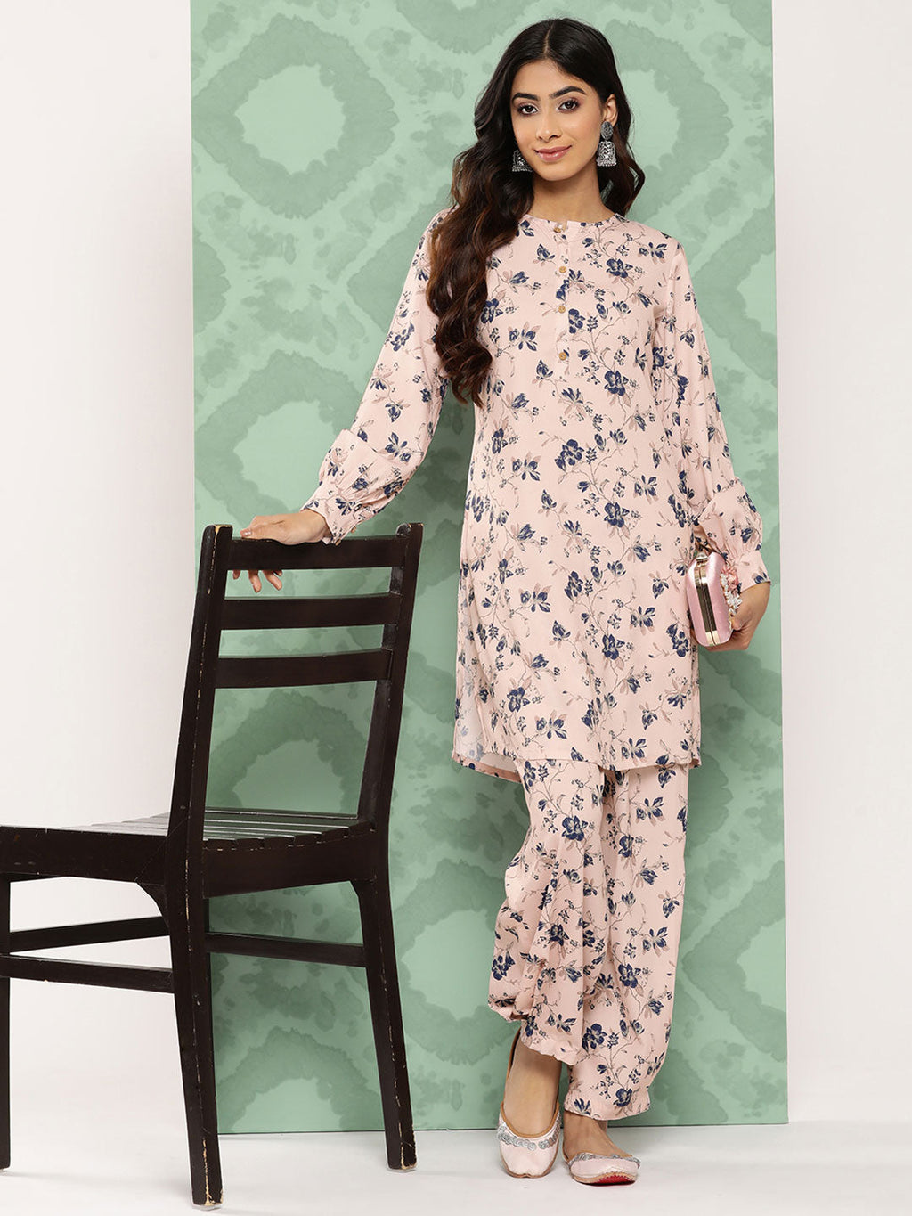 Janasya Women's Light Peach Crepe Digital Printed Straight Casual Kurta Set | Grocsy