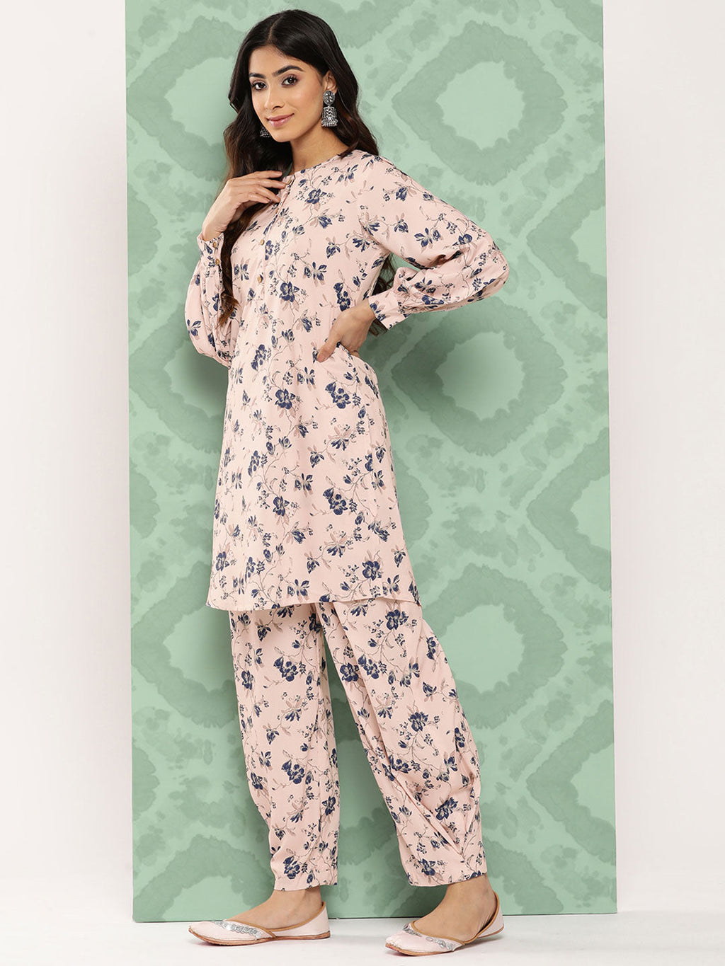 Janasya Women's Light Peach Crepe Digital Printed Straight Casual Kurta Set | Grocsy